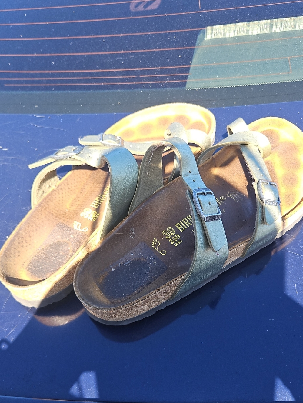 Metallic Green Slide Sandals with Buckle Straps